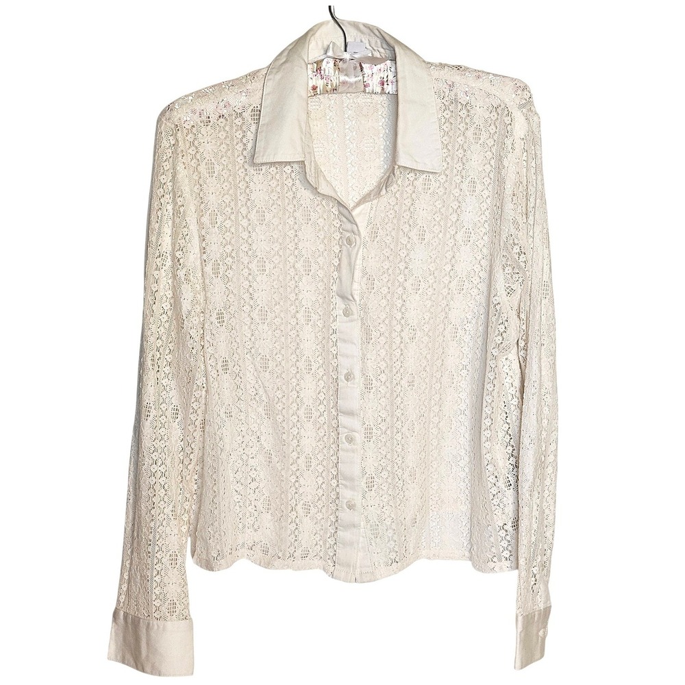 Old Navy Women's Cream Floral Open Work Button Down Long Sleeve Blouse Size M